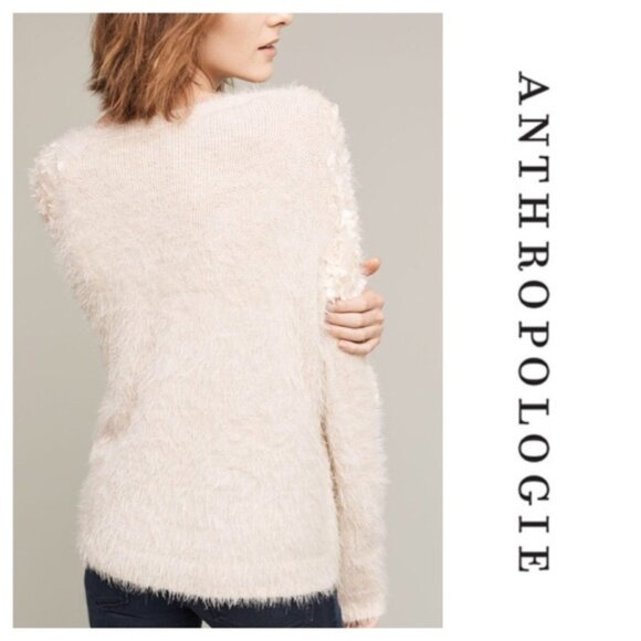 Anthropologie Moth Audrette Eyelash Sweater Pullover 3D Floral Applique Cream L - Picture 3 of 16